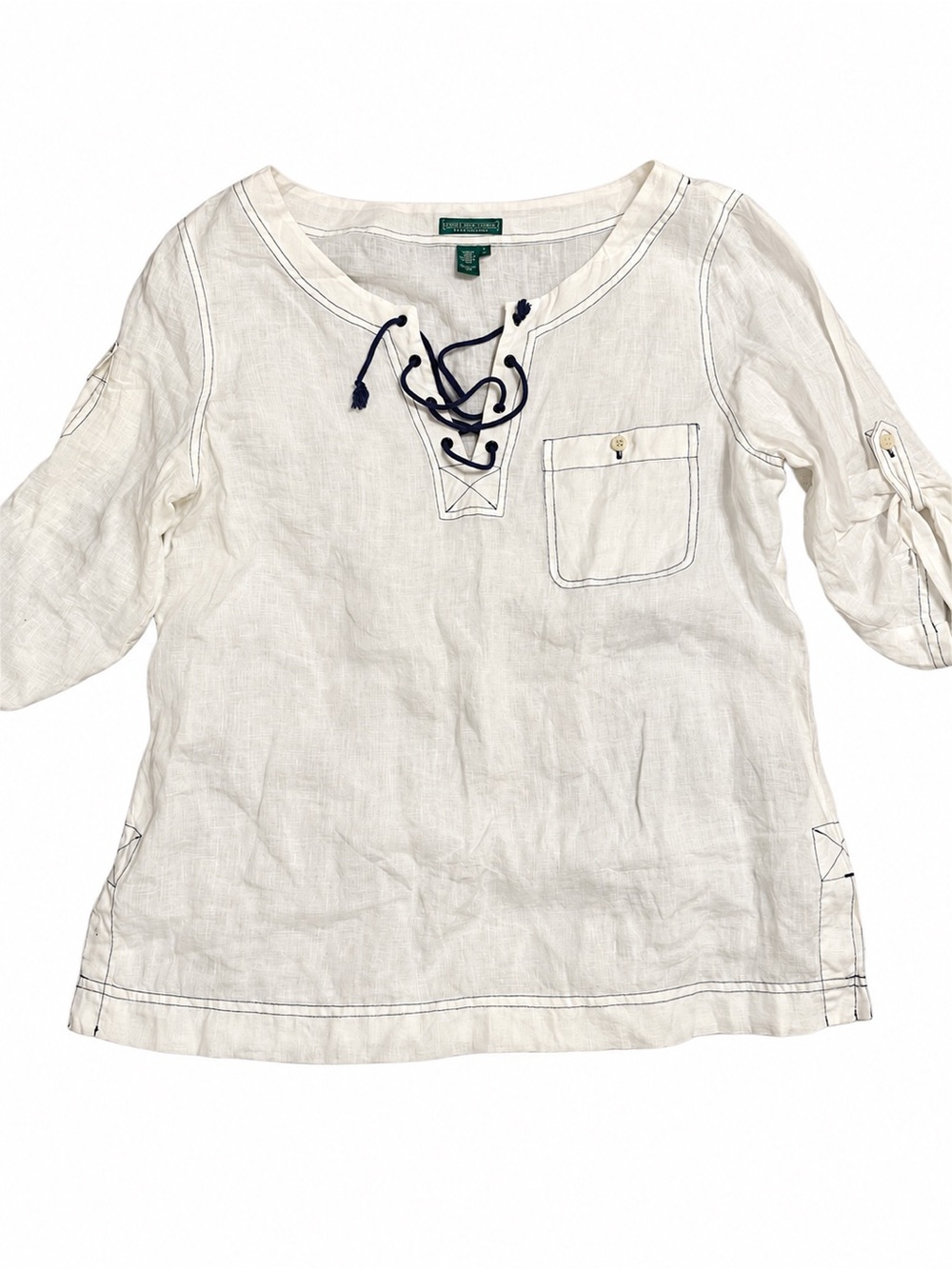 Lauren Ralph Lauren 100% Linen Lace Up Tunic Top White Roll Tab Sleeve Large